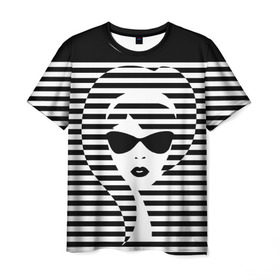 Мужская футболка 3D с принтом Pop art girl в городе Новоалтайск, 100% полиэфир | прямой крой, круглый вырез горловины, длина до линии бедер | abstraction | background | band | black and white | fashion | girl | hair | pop art | silhouette | style | абстракция | девушка | мода | очки | полосы | поп  арт | прическа | силуэт | стиль | фон | черно  белый