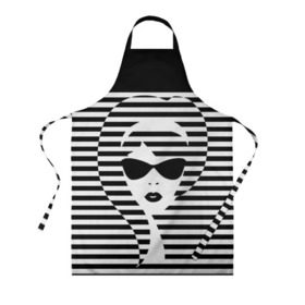 Фартук 3D с принтом Pop art girl в городе Новоалтайск, 100% полиэстер | общий размер — 65 х 85 см, ширина нагрудника — 26 см, горловина — 53 см, длина завязок — 54 см, общий обхват в поясе — 173 см. Принт на завязках и на горловине наносится с двух сторон, на основной части фартука — только с внешней стороны | abstraction | background | band | black and white | fashion | girl | hair | pop art | silhouette | style | абстракция | девушка | мода | очки | полосы | поп  арт | прическа | силуэт | стиль | фон | черно  белый