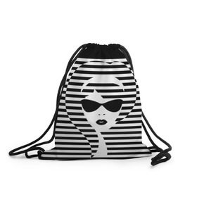 Рюкзак-мешок 3D с принтом Pop art girl в городе Новоалтайск, 100% полиэстер | плотность ткани — 200 г/м2, размер — 35 х 45 см; лямки — толстые шнурки, застежка на шнуровке, без карманов и подкладки | Тематика изображения на принте: abstraction | background | band | black and white | fashion | girl | hair | pop art | silhouette | style | абстракция | девушка | мода | очки | полосы | поп  арт | прическа | силуэт | стиль | фон | черно  белый