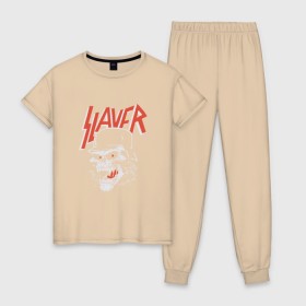 Женская пижама хлопок с принтом Slayer череп в городе Новоалтайск, 100% хлопок | брюки и футболка прямого кроя, без карманов, на брюках мягкая резинка на поясе и по низу штанин | slayer | группа | гэри холт | злость | зубы | каска | керри кинг | кости | метал | музыка | песни | пол бостаф | рок | слеар | слеер | слеяр | том арайа | трэш метал | тяжелый рок | хеви метал | язык