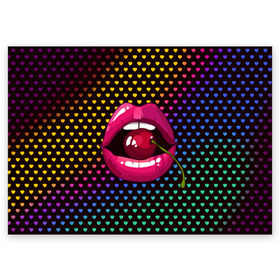 Поздравительная открытка с принтом Pop art в городе Новоалтайск, 100% бумага | плотность бумаги 280 г/м2, матовая, на обратной стороне линовка и место для марки
 | cherry | colorful | fashion | funny | gesture | lips | lipstick | makeup | mouth | pop art | rainbow | style | веселый | вишенка | вишня | губы | жест | зубы | клубный | любовь | макияж | мода | помада | поп арт | прикольный | радуга | рот | стиль | страс