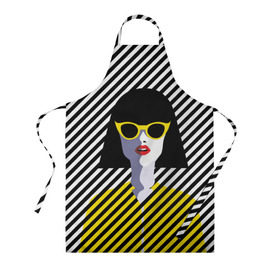 Фартук 3D с принтом Pop art girl в городе Новоалтайск, 100% полиэстер | общий размер — 65 х 85 см, ширина нагрудника — 26 см, горловина — 53 см, длина завязок — 54 см, общий обхват в поясе — 173 см. Принт на завязках и на горловине наносится с двух сторон, на основной части фартука — только с внешней стороны | abstraction | bright | color | fashion | hair | lines | lips | pop art | rack | red | style | yellow | абстракция | губы | желтый | каре | красный | линии | мода | очки | поп арт | прическа | стиль | цвет | яркий