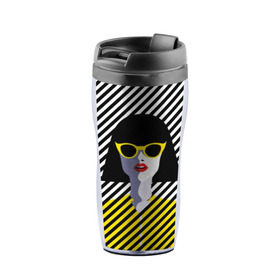Термокружка-непроливайка с принтом Pop art girl в городе Новоалтайск, внутренняя часть — пищевой пластик, наружная часть — прозрачный пластик, между ними — полиграфическая вставка с рисунком | объем — 350 мл, герметичная крышка | Тематика изображения на принте: abstraction | bright | color | fashion | hair | lines | lips | pop art | rack | red | style | yellow | абстракция | губы | желтый | каре | красный | линии | мода | очки | поп арт | прическа | стиль | цвет | яркий