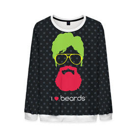 Мужской свитшот 3D с принтом I like beards в городе Новоалтайск, 100% полиэстер с мягким внутренним слоем | круглый вырез горловины, мягкая резинка на манжетах и поясе, свободная посадка по фигуре | Тематика изображения на принте: acid | background | beard | bright | club | color | face | fashion | head | hipster | male | mustache | p | pop art | style | борода | голова | горох | кислотный | клубный | лицо | мода | мужчина | очки | поп арт | стиль | усы | фон | хипстер | 