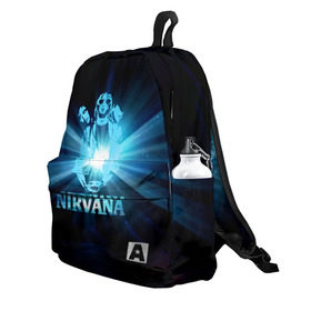 Рюкзак 3D с принтом Группа Nirvana в городе Новоалтайск, 100% полиэстер | лямки с регулируемой длиной, сверху петелька, чтобы рюкзак можно было повесить на вешалку. Основное отделение закрывается на молнию, как и внешний карман. Внутри два дополнительных кармана, один из которых закрывается на молнию. По бокам два дополнительных кармашка | kurt cobain | nirvana | вечная память | гитара | гранж | кумир | курт кобейн | лучи | микрофон | музыкант | надпись | нирвана | певец | рок | свет