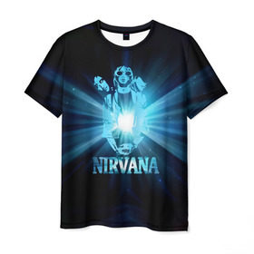 Мужская футболка 3D с принтом Группа Nirvana в городе Новоалтайск, 100% полиэфир | прямой крой, круглый вырез горловины, длина до линии бедер | kurt cobain | nirvana | вечная память | гитара | гранж | кумир | курт кобейн | лучи | микрофон | музыкант | надпись | нирвана | певец | рок | свет