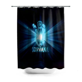 Штора 3D для ванной с принтом Группа Nirvana в городе Новоалтайск, 100% полиэстер | плотность материала — 100 г/м2. Стандартный размер — 146 см х 180 см. По верхнему краю — пластиковые люверсы для креплений. В комплекте 10 пластиковых колец | kurt cobain | nirvana | вечная память | гитара | гранж | кумир | курт кобейн | лучи | микрофон | музыкант | надпись | нирвана | певец | рок | свет