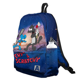 Рюкзак 3D с принтом Itchy & Scratchy space в городе Новоалтайск, 100% полиэстер | лямки с регулируемой длиной, сверху петелька, чтобы рюкзак можно было повесить на вешалку. Основное отделение закрывается на молнию, как и внешний карман. Внутри два дополнительных кармана, один из которых закрывается на молнию. По бокам два дополнительных кармашка | Тематика изображения на принте: simpsons | the itchy  scratchy | симпсоны | щекотка и царапка