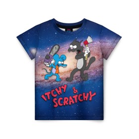 Детская футболка 3D с принтом Itchy & Scratchy space в городе Новоалтайск, 100% гипоаллергенный полиэфир | прямой крой, круглый вырез горловины, длина до линии бедер, чуть спущенное плечо, ткань немного тянется | simpsons | the itchy  scratchy | симпсоны | щекотка и царапка