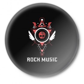 Значок с принтом Rock Music в городе Новоалтайск,  металл | круглая форма, металлическая застежка в виде булавки | знаки | красный | музыка | рок | череп | черный
