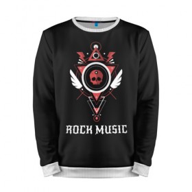 Мужской свитшот 3D с принтом Rock Music в городе Новоалтайск, 100% полиэстер с мягким внутренним слоем | круглый вырез горловины, мягкая резинка на манжетах и поясе, свободная посадка по фигуре | Тематика изображения на принте: знаки | красный | музыка | рок | череп | черный