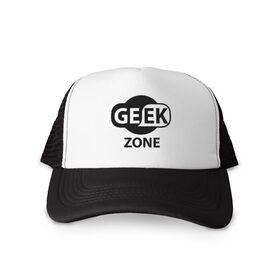Кепка тракер с сеткой с принтом Geek zone в городе Новоалтайск, трикотажное полотно; задняя часть — сетка | длинный козырек, универсальный размер, пластиковая застежка | 8 bit | atari | dendy | gamer | geek | nintendo | pac man | retro gamer | sega | атари | денди | нинтендо | сега | скелет