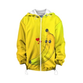 Детская куртка 3D с принтом Just Banana (Yellow) в городе Новоалтайск, 100% полиэстер | застежка — молния, подол и капюшон оформлены резинкой с фиксаторами, по бокам — два кармана без застежек, один потайной карман на груди, плотность верхнего слоя — 90 г/м2; плотность флисового подклада — 260 г/м2 | Тематика изображения на принте: banana | банан | желтый | оранжевый | фрукты