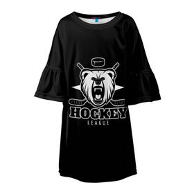 Детское платье 3D с принтом Bear hockey в городе Новоалтайск, 100% полиэстер | прямой силуэт, чуть расширенный к низу. Круглая горловина, на рукавах — воланы | Тематика изображения на принте: bandy | hockey | клюшка | коньки | лед | спорт | хоккей
