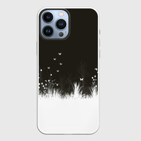 Чехол для iPhone 13 Pro Max с принтом Ночная полянка в городе Новоалтайск,  |  | бабочки | белый | кусты | ночь | цветы | чб | черно белое | черный