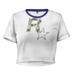 Женская футболка 3D укороченная с принтом Rockstar в городе Новоалтайск, 100% полиэстер | круглая горловина, длина футболки до линии талии, рукава с отворотами | auto | dead | grand | gta | red | redemption | theft | гта | рокстар