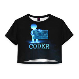 Женская футболка 3D укороченная с принтом Coder - программист кодировщик в городе Новоалтайск, 100% полиэстер | круглая горловина, длина футболки до линии талии, рукава с отворотами | it | programmer | голова | загрузка | код | надпись | неоновый | ноги | программный | руки | светящийся | страница | технологии | хакер | человек | человечек | шифровальщик | экран