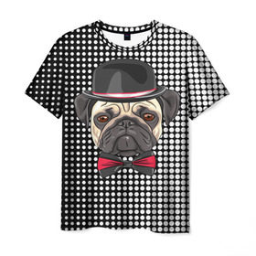 Мужская футболка 3D с принтом Mr. Pug в городе Новоалтайск, 100% полиэфир | прямой крой, круглый вырез горловины, длина до линии бедер | Тематика изображения на принте: animal | dog | pet | pug | puppy | арт | горошек | джентльмен | животные | кружочки | мопс | мопсик | пес | собаки | текстура | французский бульдог