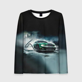 Женский лонгслив 3D с принтом Призрачный Ford Mustang в городе Новоалтайск, 100% полиэстер | длинные рукава, круглый вырез горловины, полуприлегающий силуэт | ford | mustang | авто | автомобиль | блатная | замок | зеленый | иномарка | крутая | марка | машина | мустанг | пацанский таз | поводок | прикольная | седан | тачила | тачка | туман | форд | цепь