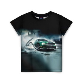 Детская футболка 3D с принтом Призрачный Ford Mustang в городе Новоалтайск, 100% гипоаллергенный полиэфир | прямой крой, круглый вырез горловины, длина до линии бедер, чуть спущенное плечо, ткань немного тянется | ford | mustang | авто | автомобиль | блатная | замок | зеленый | иномарка | крутая | марка | машина | мустанг | пацанский таз | поводок | прикольная | седан | тачила | тачка | туман | форд | цепь