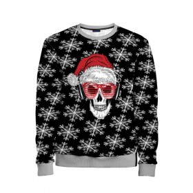 Детский свитшот 3D с принтом Santa Skull хипстер в городе Новоалтайск, 100% полиэстер | свободная посадка, прямой крой, мягкая тканевая резинка на рукавах и понизу свитшота | дед мороз | новогодний | паттерн | санта | снег | снежинки