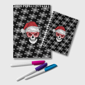 Блокнот с принтом Santa Skull хипстер в городе Новоалтайск, 100% бумага | 48 листов, плотность листов — 60 г/м2, плотность картонной обложки — 250 г/м2. Листы скреплены удобной пружинной спиралью. Цвет линий — светло-серый
 | Тематика изображения на принте: дед мороз | новогодний | паттерн | санта | снег | снежинки
