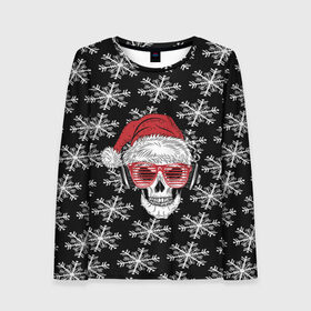 Женский лонгслив 3D с принтом Santa Skull хипстер в городе Новоалтайск, 100% полиэстер | длинные рукава, круглый вырез горловины, полуприлегающий силуэт | дед мороз | новогодний | паттерн | санта | снег | снежинки
