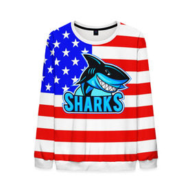 Мужской свитшот 3D с принтом Sharks USA в городе Новоалтайск, 100% полиэстер с мягким внутренним слоем | круглый вырез горловины, мягкая резинка на манжетах и поясе, свободная посадка по фигуре | sharks | usa | акула | америка | американец | символика америки | сша