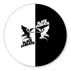 Коврик круглый с принтом Black Sabbath в городе Новоалтайск, резина и полиэстер | круглая форма, изображение наносится на всю лицевую часть | Тематика изображения на принте: black sabbath | ангел | белое | билл уорд | гизер батлер | группа | демон | инь и янь | крылья | метал | музыка | надпись | оззи | осборн | песни | рок | тони айомми | хард рок | хеви метал | черное
