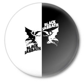 Значок с принтом Black Sabbath в городе Новоалтайск,  металл | круглая форма, металлическая застежка в виде булавки | black sabbath | ангел | белое | билл уорд | гизер батлер | группа | демон | инь и янь | крылья | метал | музыка | надпись | оззи | осборн | песни | рок | тони айомми | хард рок | хеви метал | черное