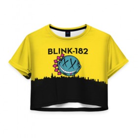 Женская футболка 3D укороченная с принтом Blink-182 город в городе Новоалтайск, 100% полиэстер | круглая горловина, длина футболки до линии талии, рукава с отворотами | blink | альтернативный рок | блинк | город | желтый | марк хоппус | музыка | мэтт скиба | панк | панк рок | песни | поп панк | рок | скейт панк | смайл | солнце | трэвис баркер