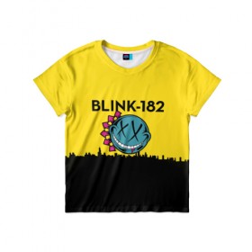 Детская футболка 3D с принтом Blink-182 город в городе Новоалтайск, 100% гипоаллергенный полиэфир | прямой крой, круглый вырез горловины, длина до линии бедер, чуть спущенное плечо, ткань немного тянется | blink | альтернативный рок | блинк | город | желтый | марк хоппус | музыка | мэтт скиба | панк | панк рок | песни | поп панк | рок | скейт панк | смайл | солнце | трэвис баркер
