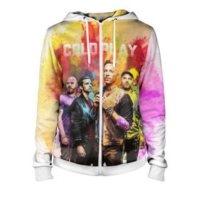 Женская толстовка 3D на молнии с принтом Coldplay в городе Новоалтайск, 100% полиэстер | длина до линии бедра, манжеты и пояс оформлены мягкой тканевой резинкой, двухслойный капюшон со шнурком для регулировки, спереди молния, по бокам два кармана | cold play | rock | колд плей | колд плэй | колдплей | колдплэй | рок