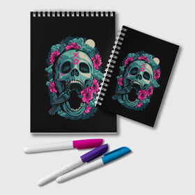 Блокнот с принтом Dia de Muertos в городе Новоалтайск, 100% бумага | 48 листов, плотность листов — 60 г/м2, плотность картонной обложки — 250 г/м2. Листы скреплены удобной пружинной спиралью. Цвет линий — светло-серый
 | Тематика изображения на принте: кости | праздник | птица | скелет | хэллоуин | цветы | череп