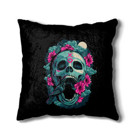 Подушка 3D с принтом Dia de Muertos в городе Новоалтайск, наволочка – 100% полиэстер, наполнитель – холлофайбер (легкий наполнитель, не вызывает аллергию). | состоит из подушки и наволочки. Наволочка на молнии, легко снимается для стирки | кости | праздник | птица | скелет | хэллоуин | цветы | череп