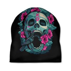 Шапка 3D с принтом Dia de Muertos в городе Новоалтайск, 100% полиэстер | универсальный размер, печать по всей поверхности изделия | кости | праздник | птица | скелет | хэллоуин | цветы | череп