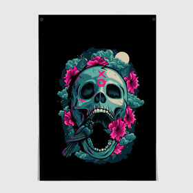 Постер с принтом Dia de Muertos в городе Новоалтайск, 100% бумага
 | бумага, плотность 150 мг. Матовая, но за счет высокого коэффициента гладкости имеет небольшой блеск и дает на свету блики, но в отличии от глянцевой бумаги не покрыта лаком | кости | праздник | птица | скелет | хэллоуин | цветы | череп
