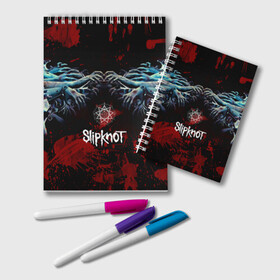 Блокнот с принтом Slipknot руки зомби в городе Новоалтайск, 100% бумага | 48 листов, плотность листов — 60 г/м2, плотность картонной обложки — 250 г/м2. Листы скреплены удобной пружинной спиралью. Цвет линий — светло-серый
 | Тематика изображения на принте: slipknot | альтернативный метал | андерс | брызги | грув метал | капли | колсефни | кори | кровь | метал | ню метал | ок | слипкнот | тейлор