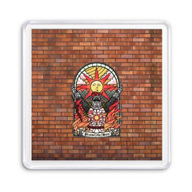 Магнит 55*55 с принтом Praise the sun в городе Новоалтайск, Пластик | Размер: 65*65 мм; Размер печати: 55*55 мм | Тематика изображения на принте: action | dark souls | praise the sun | rpg | в жанре | витраж | восславь | дарк | доспехи | игры | кирпич | компьютерная игра | надпись | огонь | рпг | рыцарь | солнце | соулс | стена | шлем | экшен