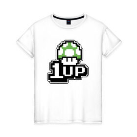 Женская футболка хлопок с принтом Mario 1up в городе Новоалтайск, 100% хлопок | прямой крой, круглый вырез горловины, длина до линии бедер, слегка спущенное плечо | dandy | mario | гриб | денди | жизнь | марио | мухомор
