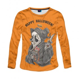 Женский лонгслив 3D с принтом Happy Halloween в городе Новоалтайск, 100% полиэстер | длинные рукава, круглый вырез горловины, полуприлегающий силуэт | helloween |  хэллоуин | день всех святых | крик | нож | праздник | ужас | хеллоуин | хеловин | хелоуин