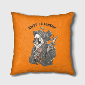 Подушка 3D с принтом Happy Halloween в городе Новоалтайск, наволочка – 100% полиэстер, наполнитель – холлофайбер (легкий наполнитель, не вызывает аллергию). | состоит из подушки и наволочки. Наволочка на молнии, легко снимается для стирки | helloween |  хэллоуин | день всех святых | крик | нож | праздник | ужас | хеллоуин | хеловин | хелоуин