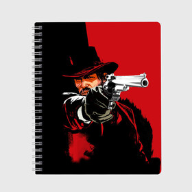Тетрадь с принтом Red Dead Redemption в городе Новоалтайск, 100% бумага | 48 листов, плотность листов — 60 г/м2, плотность картонной обложки — 250 г/м2. Листы скреплены сбоку удобной пружинной спиралью. Уголки страниц и обложки скругленные. Цвет линий — светло-серый
 | Тематика изображения на принте: cowboy | game | gun | jim | red dead redemption | rockstar | west | вестерн | дикий запад | игра | ковбой | оружие | пистолет