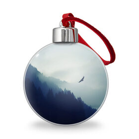 Ёлочный шар с принтом Орел над Лесом в городе Новоалтайск, Пластик | Диаметр: 77 мм | bird | dark | fog | forest | heaven | jh k | ktc | sky | texture | деревья | животные | лес | небо | орел | природа | птица | птицы | текстуры | тёмный лес | туман