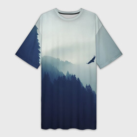 Платье-футболка 3D с принтом ОРЁЛ НАД ЛЕСОМ   EAGLE OVER THE FOREST в городе Новоалтайск,  |  | bird | dark | fog | forest | heaven | jh k | ktc | sky | texture | деревья | животные | лес | небо | орел | природа | птица | птицы | текстуры | тёмный лес | туман