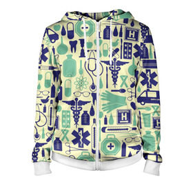 Женская толстовка 3D на молнии с принтом Медицина в городе Новоалтайск, 100% полиэстер | длина до линии бедра, манжеты и пояс оформлены мягкой тканевой резинкой, двухслойный капюшон со шнурком для регулировки, спереди молния, по бокам два кармана | medical | pattern | аптека | аптечка | градус | лекарства | медицина | узор