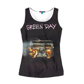 Женская майка 3D с принтом Green Day магнитофон в огне в городе Новоалтайск, 100% полиэстер | круглая горловина, прямой силуэт, длина до линии бедра | american idiot | green day | альтернативный | билли джо армстронг | грин дей | группа | зелёный день | майк дёрнт | музыка | панк | поп | поппанк | рок | тре кул