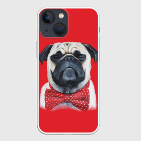 Чехол для iPhone 13 mini с принтом Довольный мопс в городе Новоалтайск,  |  | Тематика изображения на принте: бабочка | друг | животное | зверь | мопс | собака | щенок