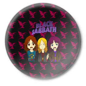 Значок с принтом Группа Black Sabbath в городе Новоалтайск,  металл | круглая форма, металлическая застежка в виде булавки | Тематика изображения на принте: black sabbath | ozzy osbourne | ангелы | билл уорд | гизер батлер | группа | копыта | метал | музыка | надпись | оззи | осборн | песни | рога | рок | тони айомми | хард рок | хеви метал | черти