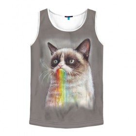 Мужская майка 3D с принтом Grumpy Cat в городе Новоалтайск, 100% полиэстер | круглая горловина, приталенный силуэт, длина до линии бедра. Пройма и горловина окантованы тонкой бейкой | animal | cat | grumpy cat | животное | кот | котенок | кошка | радуга